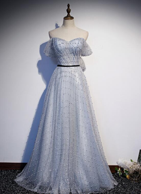 Light Grey Sweetheart Off Shoulder Long Party Dress, A-Line Tulle Prom Dress Evening Dress gh89