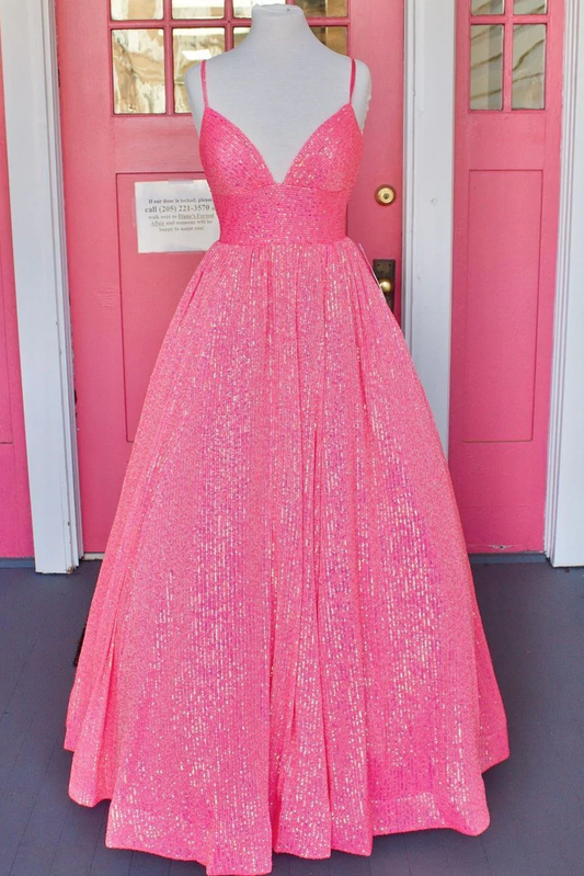 Pink Sequin Empire Long Prom Dress  gh1101