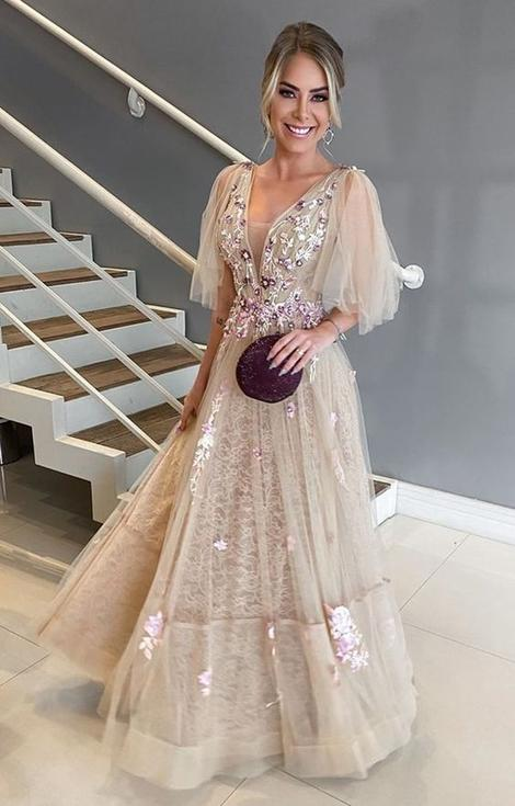 A-Line V-Neck Long Prom Dress with appliques gh1105