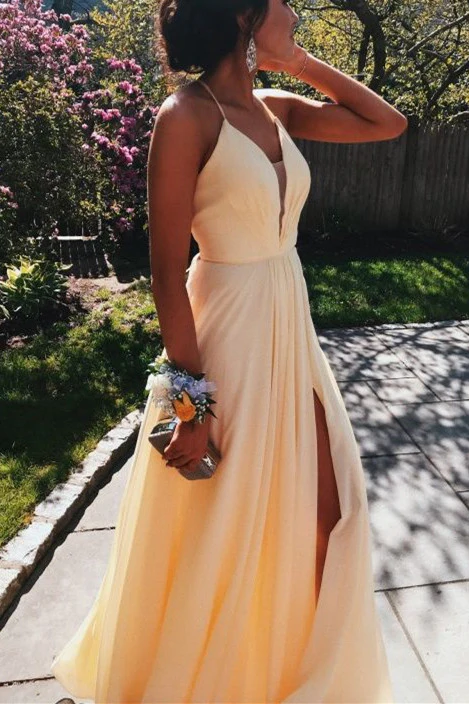 Simple V Neck Yellow Long Prom Dress with Slit gh1107