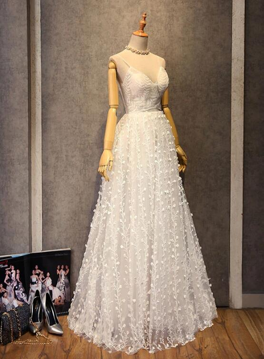 Elegant White Straps Floral Long Prom Dress Party Dress  gh378