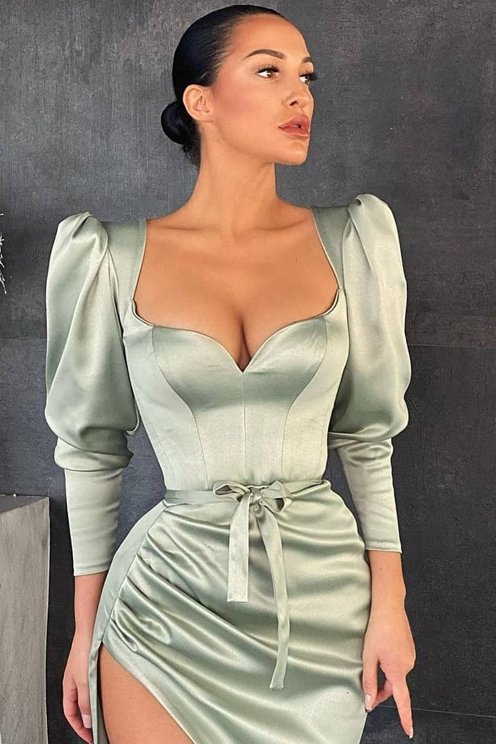 Dusty Sage Long Sleeves Prom Dress Split With A Bowknot gh652