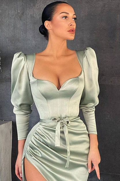 Dusty Sage Long Sleeves Prom Dress Split With A Bowknot gh652