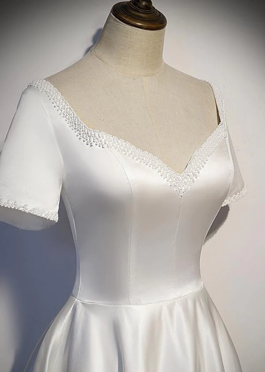 White Simple Beaded Short Sleeves High Low Wedding Party Dress, White Party Dress gh58