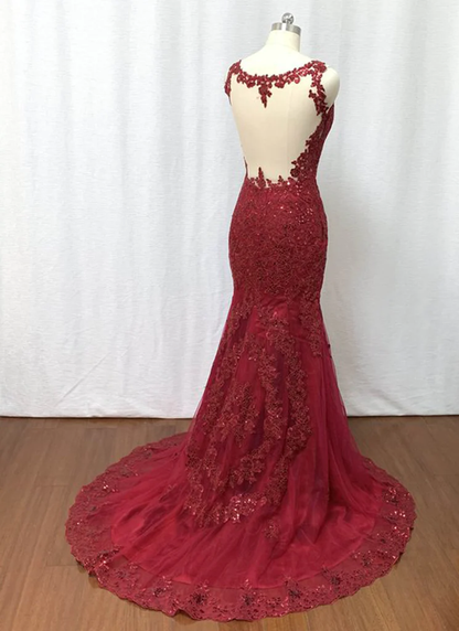 Elegant Burgundy Tulle Lace Long Mermaid Evening Dress, Beautiful Prom Dress   gh440