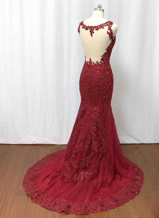 Elegant Burgundy Tulle Lace Long Mermaid Evening Dress, Beautiful Prom Dress   gh440