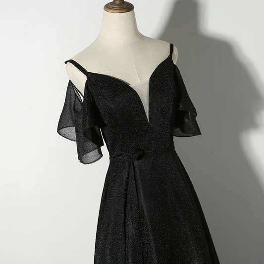 Beautiful Black Straps V-Neckline Long Party Dress, Black Formal Gown gh472