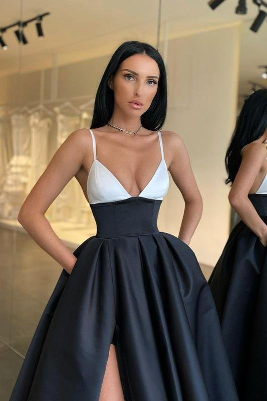 Black and White Spaghetti-Straps Prom Dress gh646