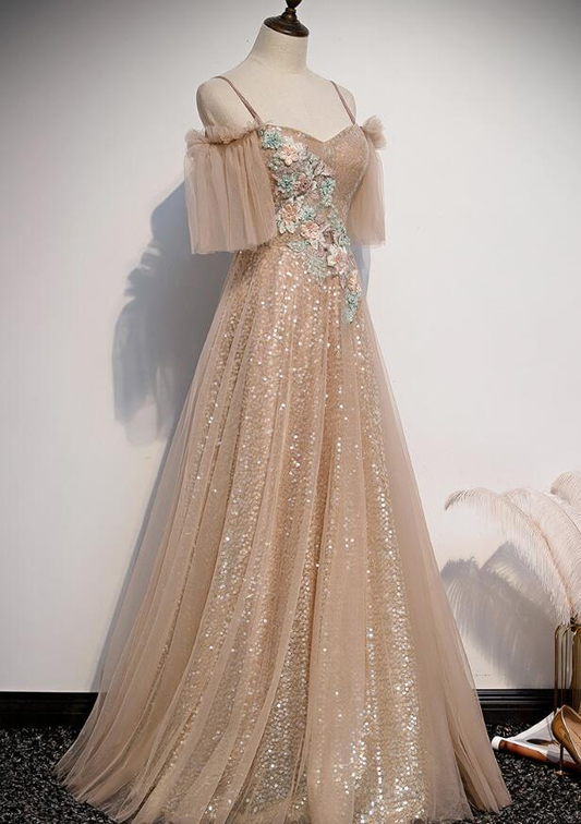 Charming Champagne Tulle And Sequins Long Party Dress, A-Line Prom Dress gh319