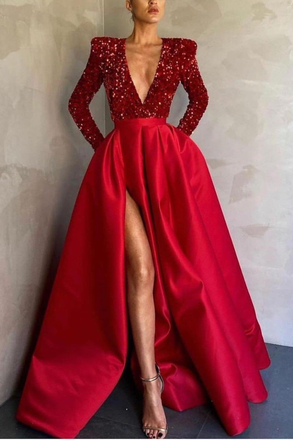 Deep V-Neck Long Sleeves Mermaid Prom Dress Split With Sequins gh752