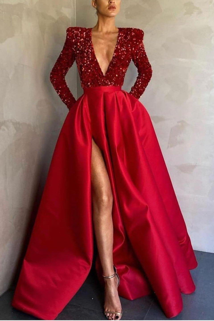 Deep V-Neck Long Sleeves Mermaid Prom Dress Split With Sequins gh752