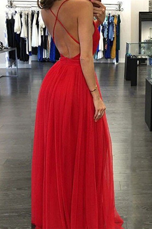 Red Deep V-Neck Long Prom Dress With Slit gh688