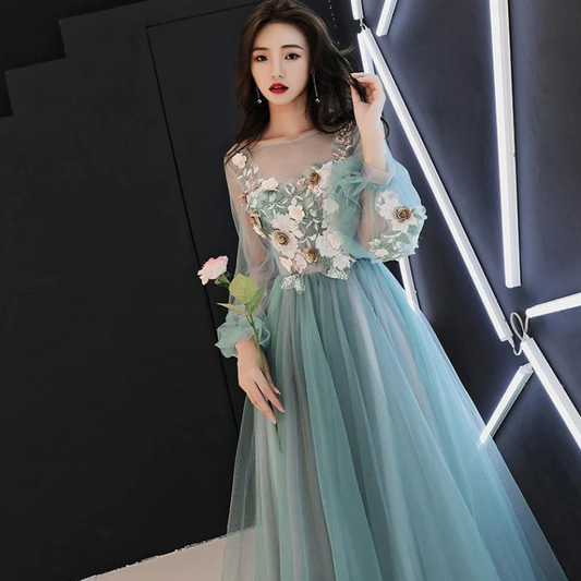 Light Green Tulle Long Party Dress With Flowers, Long Formal Dresses  gh359