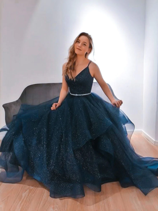 Blue v neck tulle sequin long prom dress blue formal dress gh913