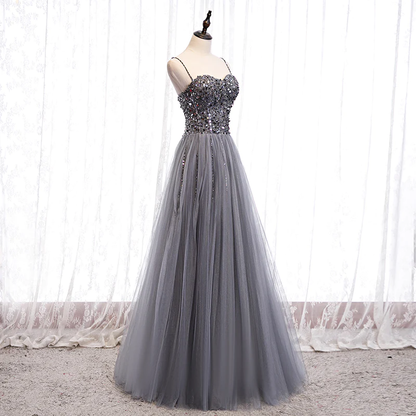 Grey Beaded Straps Sweetheart Shiny Tulle Long Party Dresses, Grey Long Prom Dresses  gh22