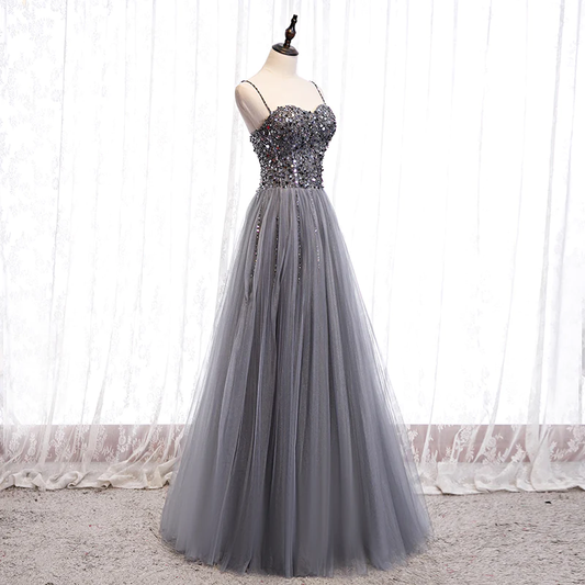 Grey Beaded Straps Sweetheart Shiny Tulle Long Party Dresses, Grey Long Prom Dresses  gh22