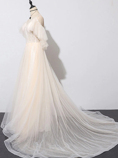 Beautiful Champagne Tulle Long A-Line Party Dress, Evening Gown  gh474