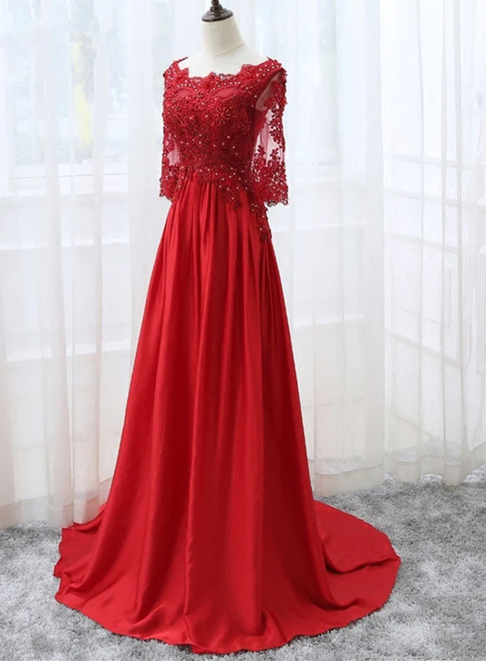Beautiful Red Satin Short Sleeves Long Party Dress, Red Prom Dress gh187