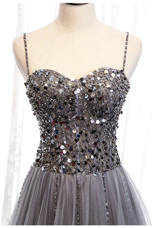 Beautiful Grey Beaded Tulle Prom Dresses, Straps Party Dress  gh194