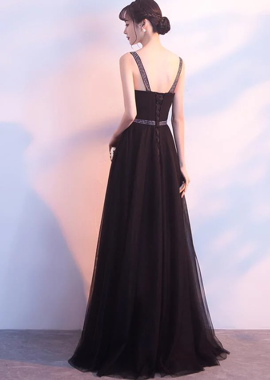Charming Black Straps Long Tulle Party Dress, Handmade Formal Dress gh526