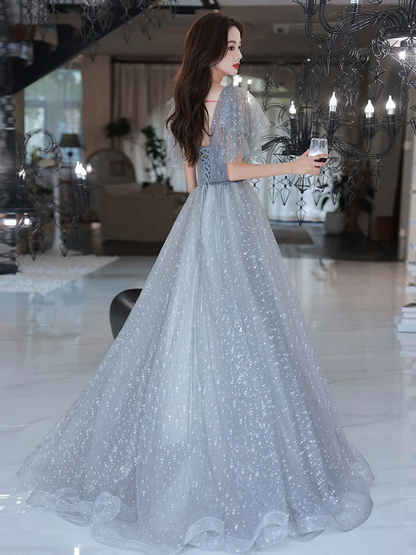 Lovely Grey Shiny Tulle V-Neckline Puffy Sleeves Long Prom Dresses, Grey Evening Dresses  gh24