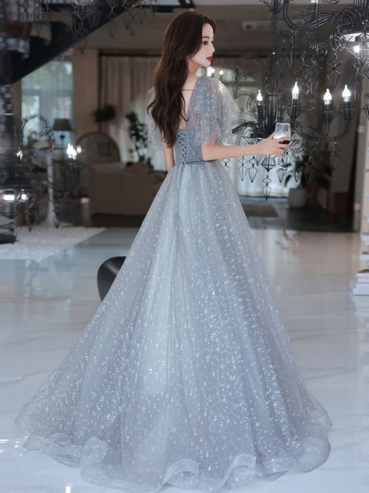 Lovely Grey Shiny Tulle V-Neckline Puffy Sleeves Long Prom Dresses, Grey Evening Dresses  gh24