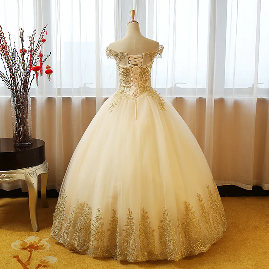Beautiful Champagne With Gold Applique Long Party Dress, Sweet 16 Dresses  gh354