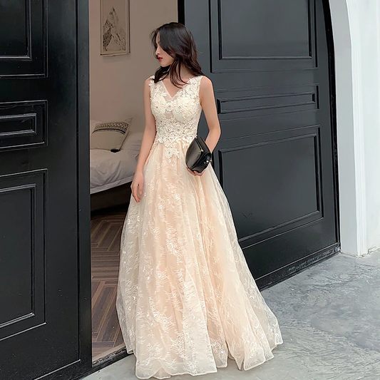Champagne Lace V-Neckline Tulle Long Evening Dress Prom Dress, A-Line Lace Formal Dresses gh79