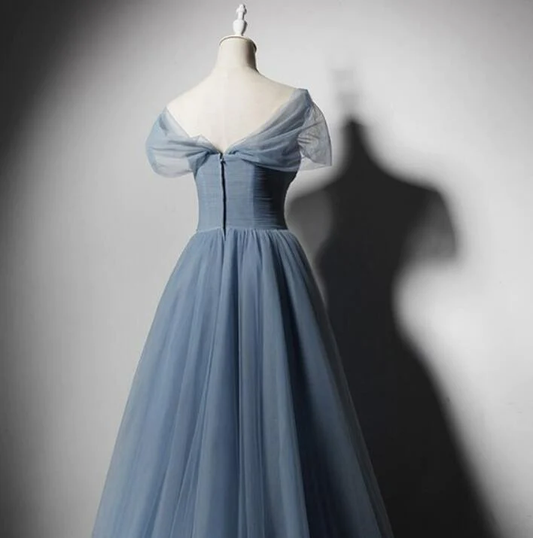 Grey-Blue Tulle Off Shoulder Beaded Long Prom Dress Party Dress, Long Evening Gowns  gh16