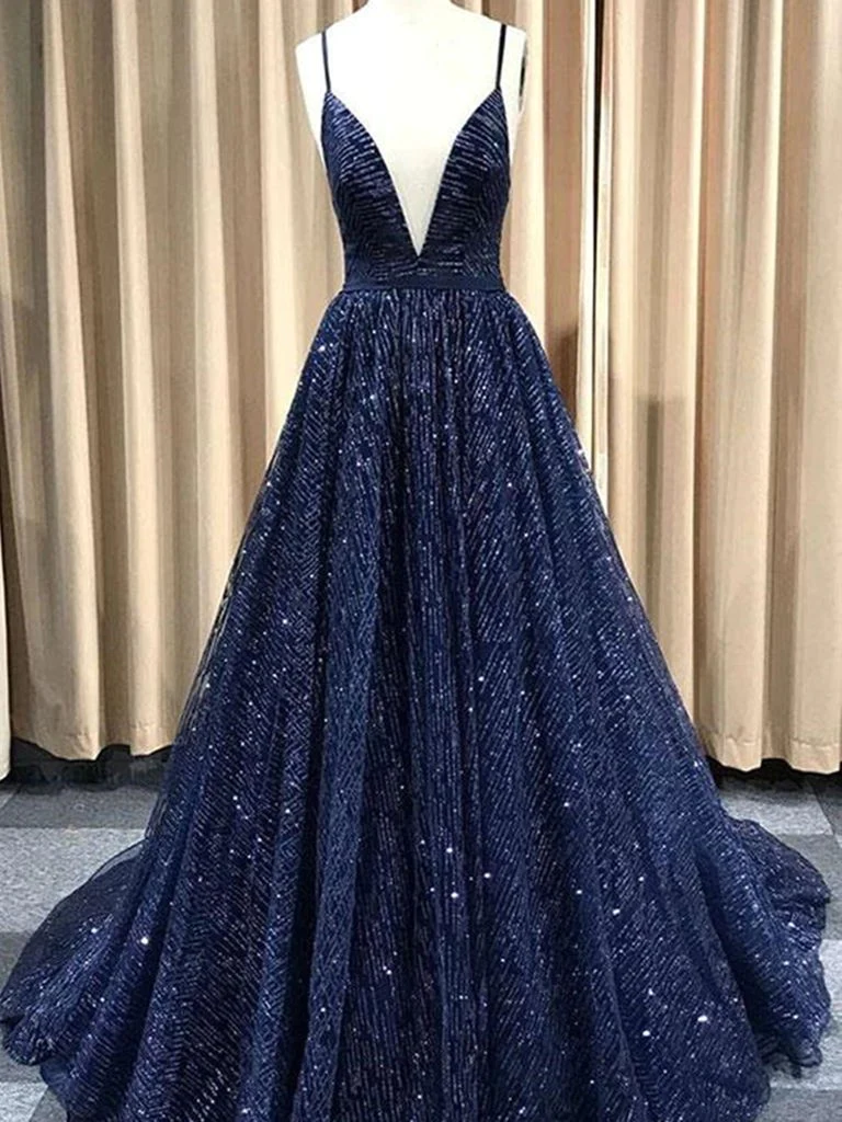 A Line V Neck Navy Blue Shiny Long Prom Dresses, Charming Blue Tulle Party Dress Evening Dress  gh115