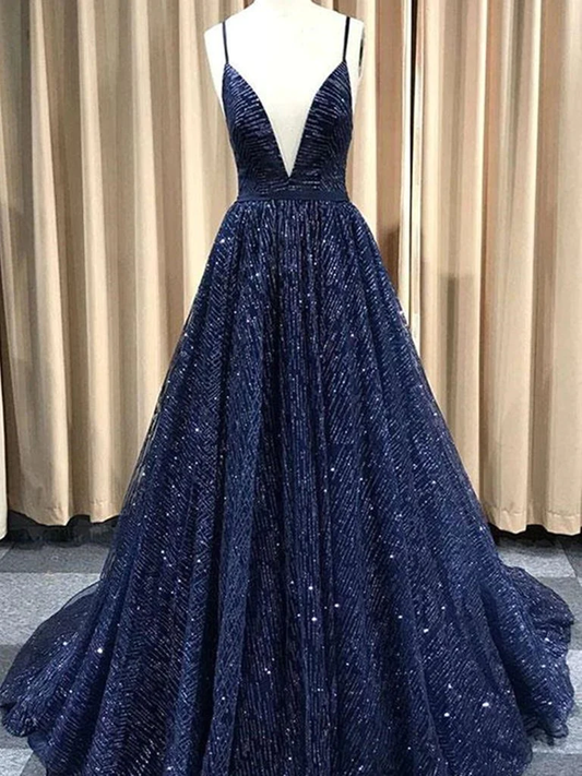 A Line V Neck Navy Blue Shiny Long Prom Dresses, Charming Blue Tulle Party Dress Evening Dress  gh115