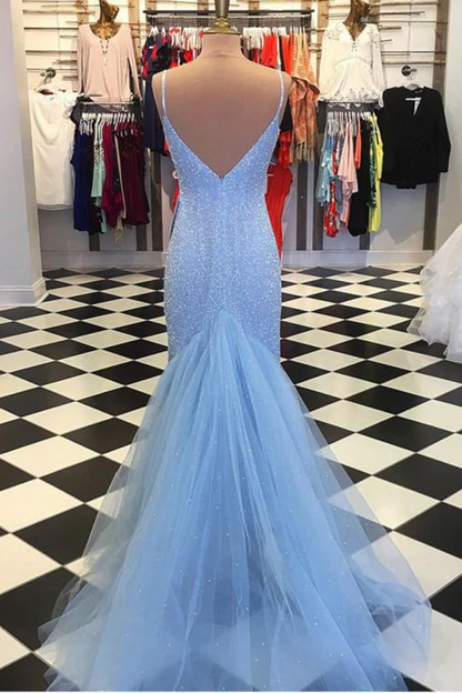 Sparkly Open Back V Neck Spaghetti Straps With Prom Dress gh1010