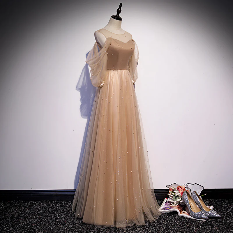 Champagne Tulle Long Puffy Sleeves Party Dresses, Beautiful Floor Length Prom Dresses  gh31