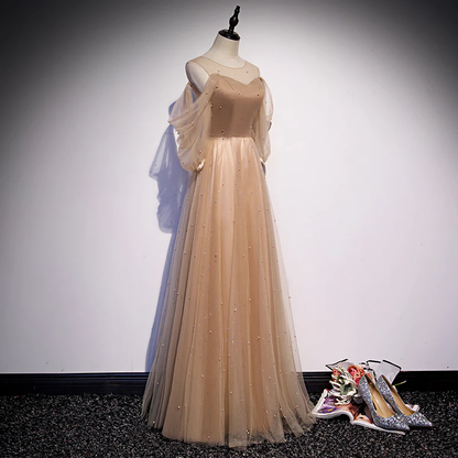 Champagne Tulle Long Puffy Sleeves Party Dresses, Beautiful Floor Length Prom Dresses  gh31