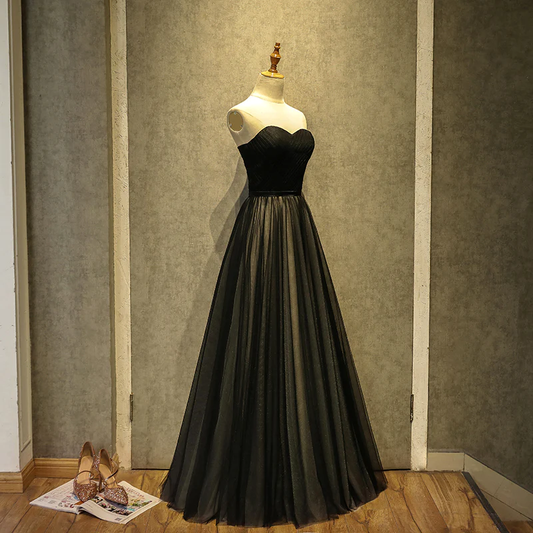 Simple Black Sweetheart A-Line Long Tulle Party Dress, Black Evening Gown  gh173