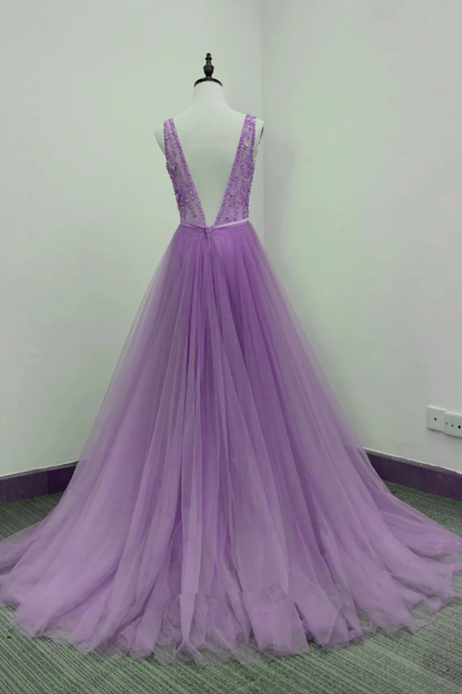Beautiful Long Light Purple V-Neckline Party Dress, Prom Dress gh413