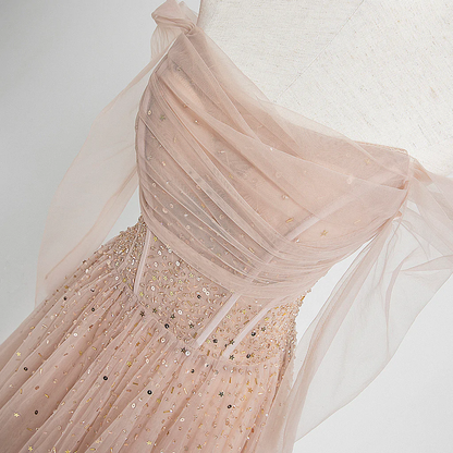 Pearl Pink Off Shoulder Long Sleeves Sequins Prom Dress, A-Line Party Dress Formal Dress  gh228