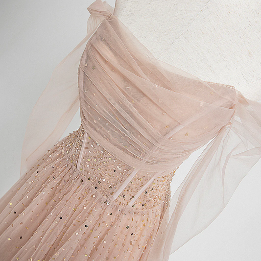 Pearl Pink Off Shoulder Long Sleeves Sequins Prom Dress, A-Line Party Dress Formal Dress  gh228