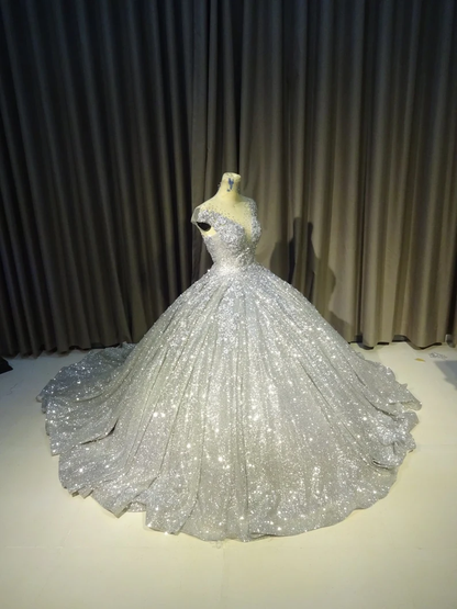 Silver gorgeous shiny elegant long exquisite sequin ball gown wedding dress modern evening dress custom dress gh932