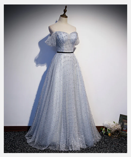 Light Grey Sweetheart Off Shoulder Long Party Dress, A-Line Tulle Prom Dress Evening Dress gh89