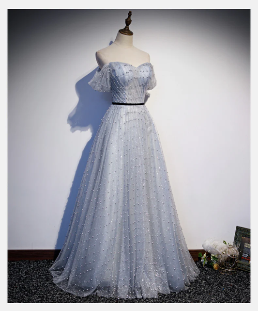 Light Grey Sweetheart Off Shoulder Long Party Dress, A-Line Tulle Prom Dress Evening Dress gh89