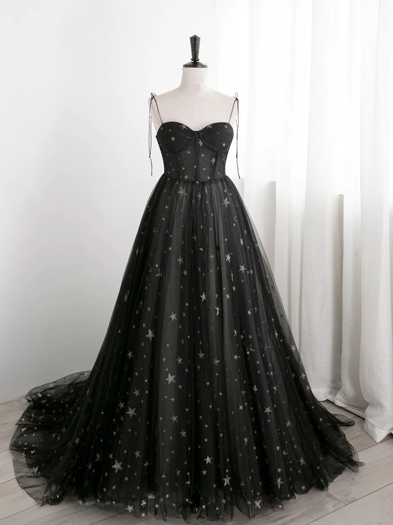 Black Sweetheart Tulle Straps Long Evening Dress, Black Formal Dress Party Dresses   Prom dress gh11