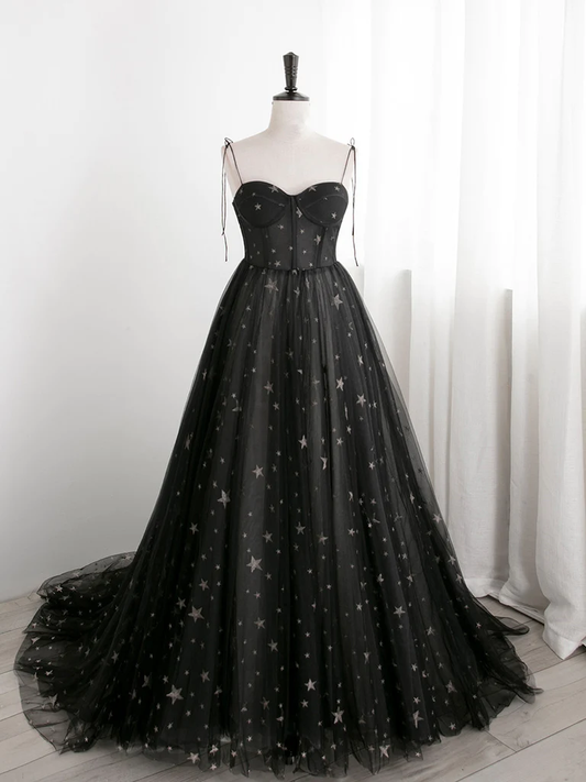 Black Sweetheart Tulle Straps Long Evening Dress, Black Formal Dress Party Dresses   Prom dress gh11