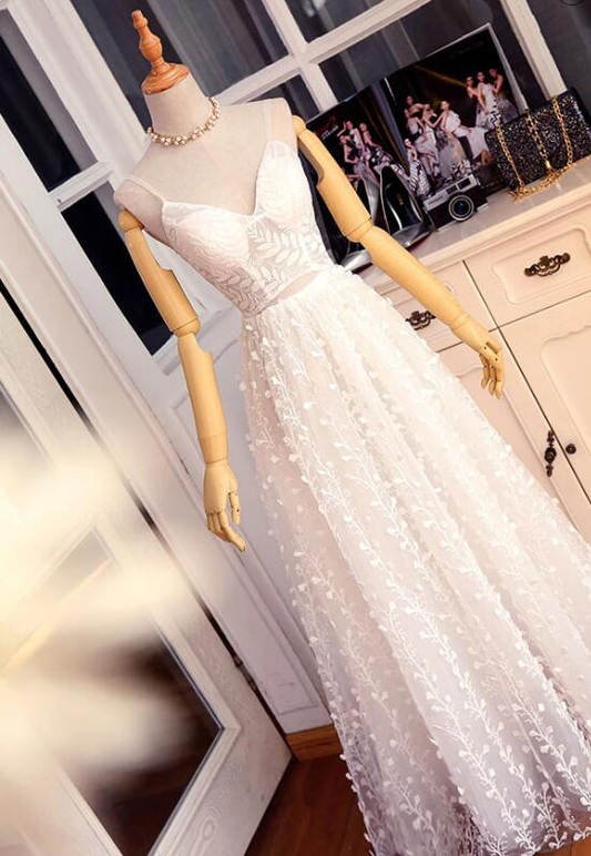 Elegant White Straps Floral Long Prom Dress Party Dress  gh378