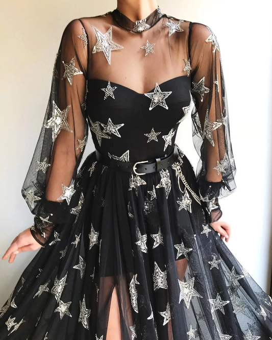 Black High Neck Sparkly Long Sleeve Unique Prom Dress Gorgeous Evening Gowns  gh871