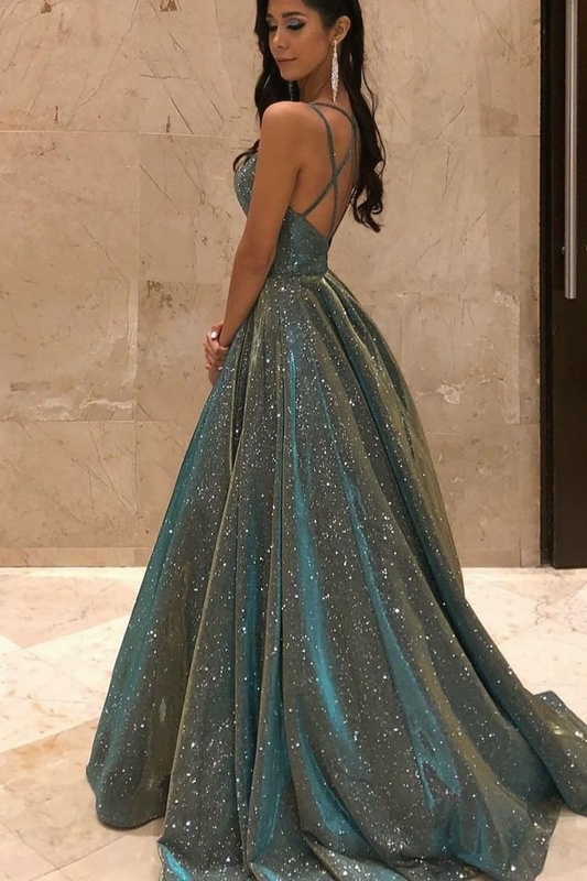 Shinning Spaghetti-Straps V-Neck Sequins Prom Dress Long Sleeveless gh753
