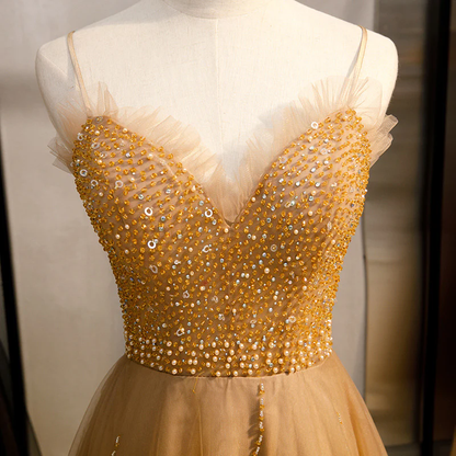 Champagne Sequins Tulle Straps Long Evening Dress Party Dress, Sweetheart Prom Dress  gh25