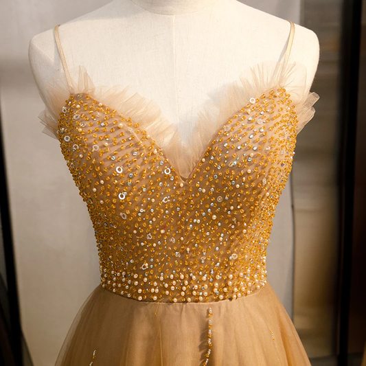 Champagne Sequins Tulle Straps Long Evening Dress Party Dress, Sweetheart Prom Dress  gh25