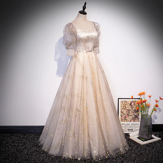 Light Champagne Short Sleeves Tulle Long Formal Dress, A-Line Floor Length Party Dresses  gh15