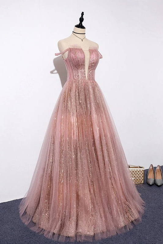 Unique Pink Sequins Tulle Off Shoulder Long Custom Size Senior Prom Dress gh329